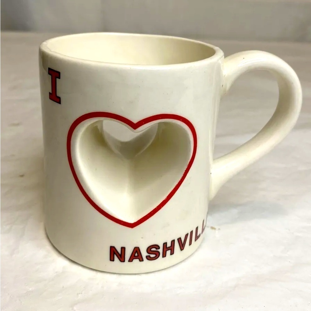 I Love Nashville Coffee Mug Cut Out Heart - White With Red Lettering